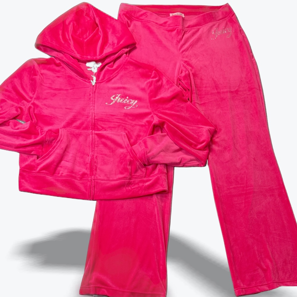 Juicy‎ Couture Velour Tracksuit Womens XL Y2K Rhinestone 2Pc Set Full Zip Hoodie